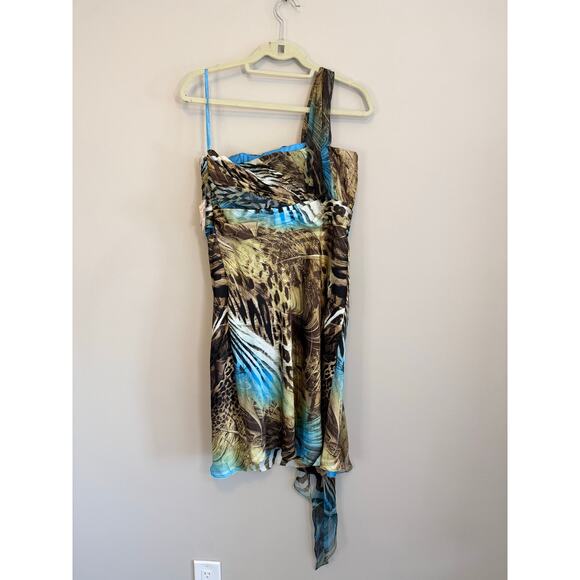 Dressbarn Collection Mini Dress 12 Multi Animal Print One Shoulder Cocktail NWT - Picture 2 of 11